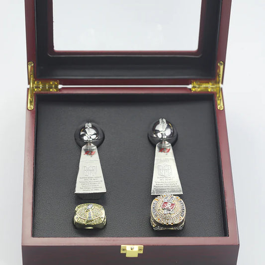 Tampa Bay Buccaneers 2003 & 2021 Vincent Jackson and Tom Brady Super Bowl NFL championship ring set with 2 Vince Lombardi trophies