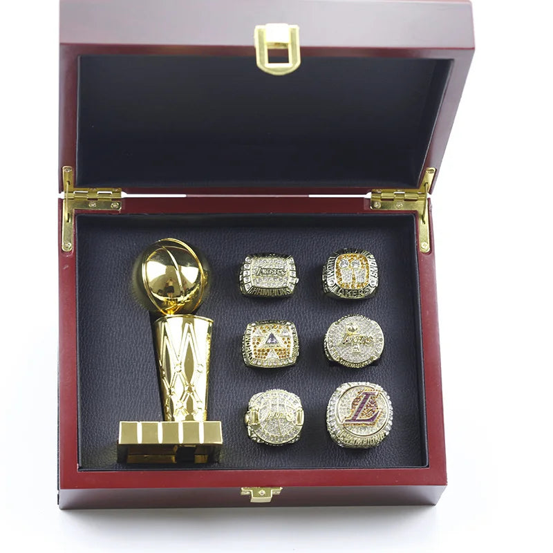 6 Los Angeles Lakers NBA championship rings set with Larry O’Brien Championship Trophy